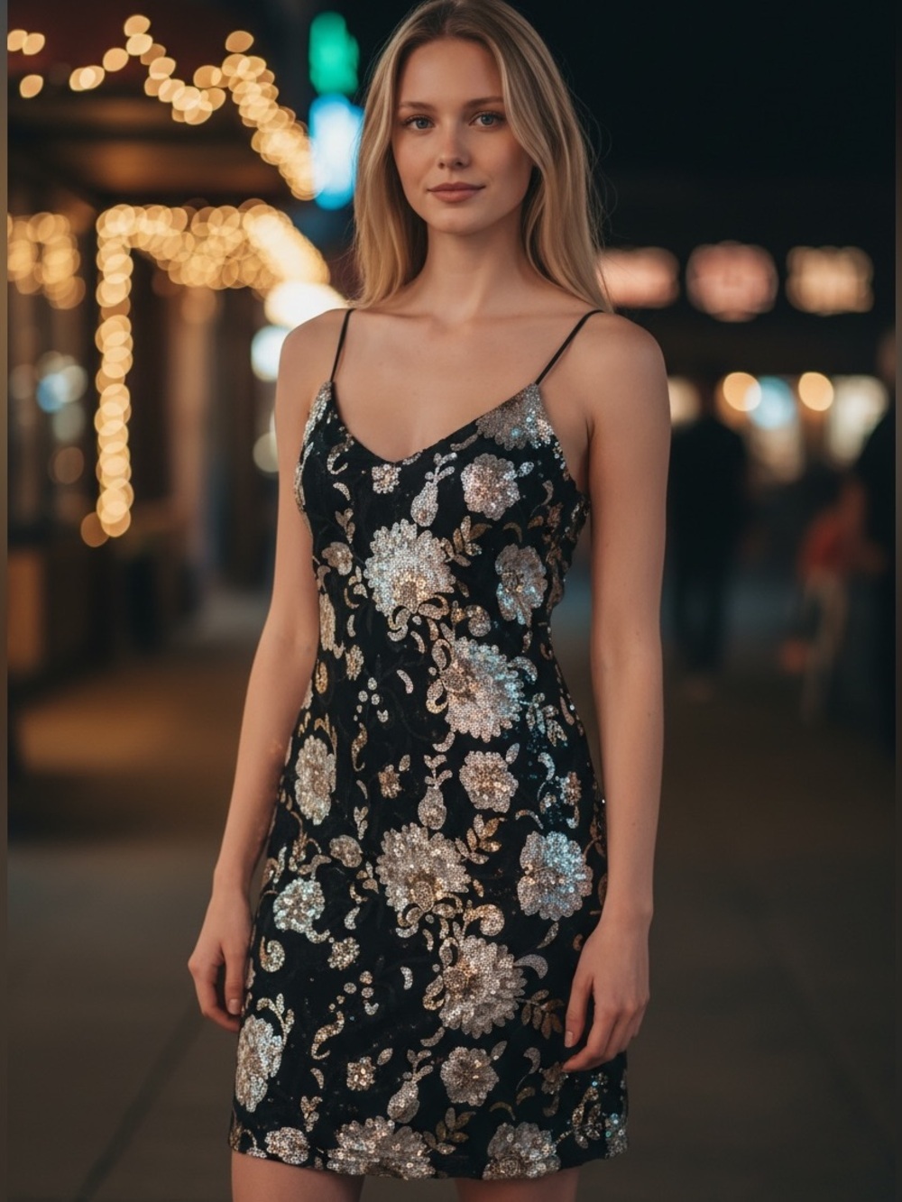 Altar’d State Black Floral Sequin Slip Dress Spaghetti Straps Small